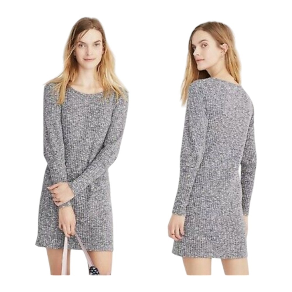 Madewell Womens Gray Ribbed Knit Long Sleeve Mini Sweater Dress S Crewneck Cozy